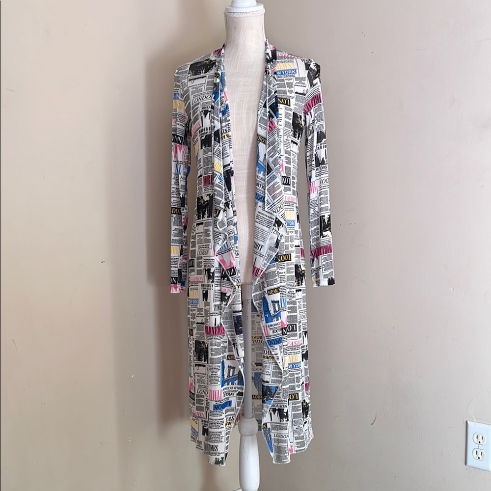 Wear ever Long Open front Light Cardigan Newspapers pattern Size: M
